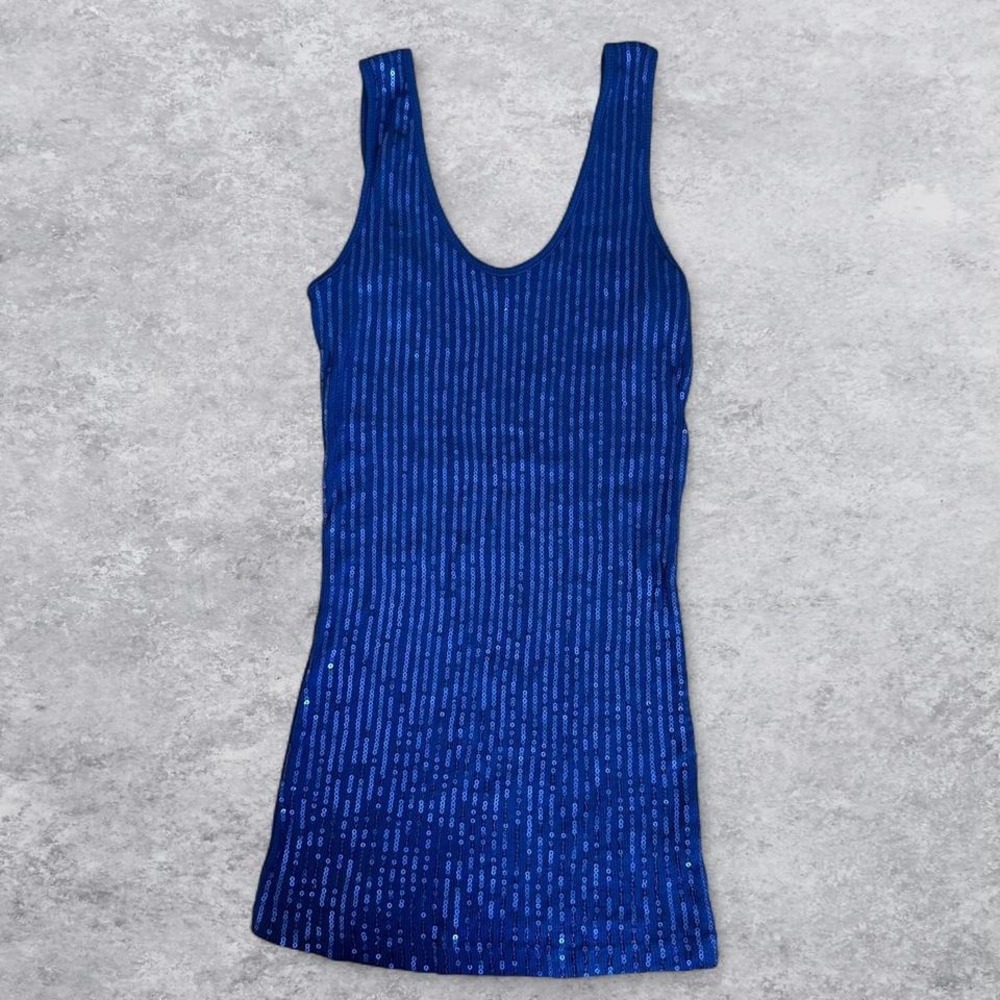 Express Womens Royal Blue Ribbed Sequin Stripe Scoop Neck Tank Top‎ Size S/P